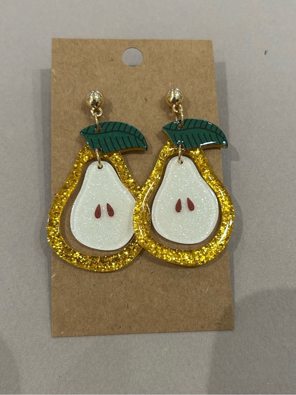 Yellow Glitter & White Pear Drop Earrings with Green Leaf A1703 - Picture 2 of 2
